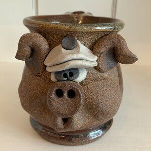 Vintage Signed MMS Mahon Ugly Funny Face 3D Stoneware Pottery Pig with Hat Mug